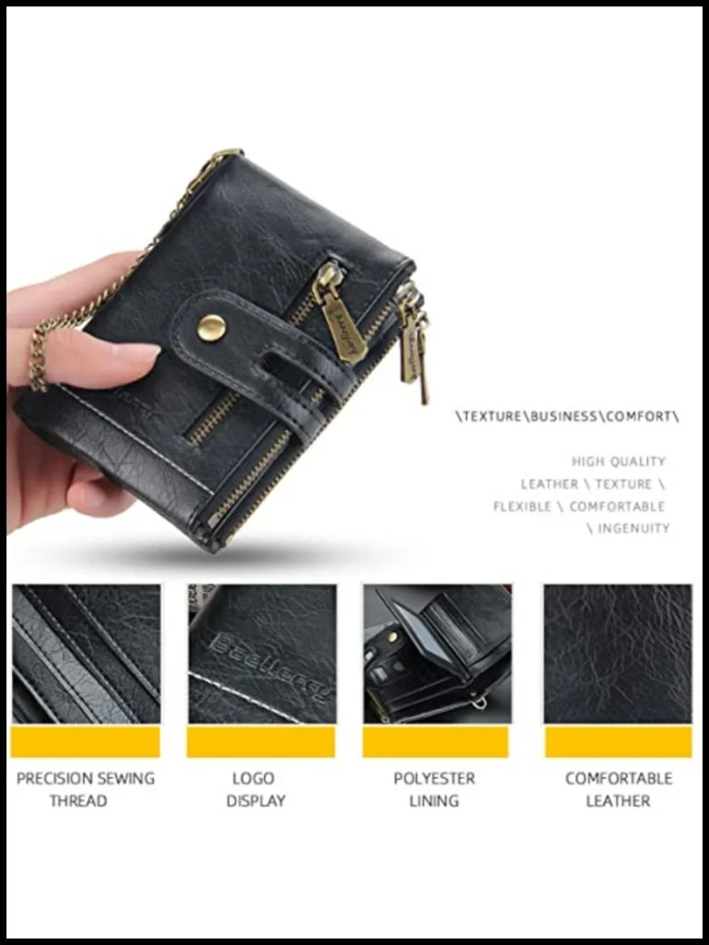 Genuine Leather Bifold Wallet with Chain RFID Blocking Men's